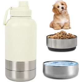 Водяна пляшка для собак Pets 950мл з мискою та ручкою, ізольована, нержавіюча сталь, BPA-free, для подорожей та прогулянок (кремово-білий, L)