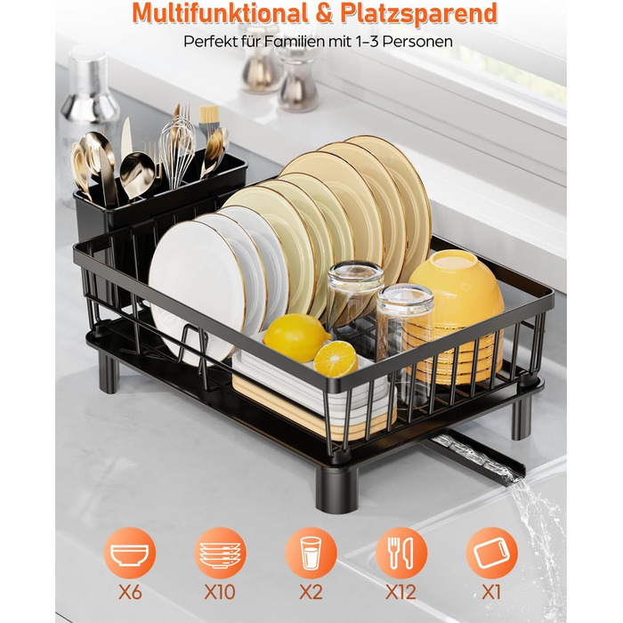 LIONONLY Dish Drainer Rack, Small Dish Drainer with Drip Bowl, Stainless Steel Dish Drainer with Drip Surface and Swivel Spout, Dish Drying Rack for Space-Saving