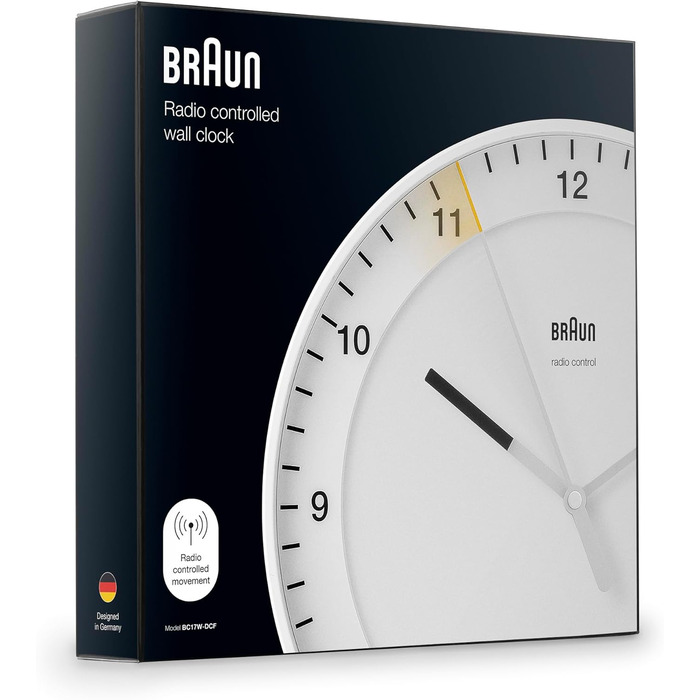 Braun Classic Large Radio Wall Clock, Central European Time Zone (CET/GMT+1) with a quiet movement, easy-to-read dial, 30cm diameter, white model BC17W-DCF.