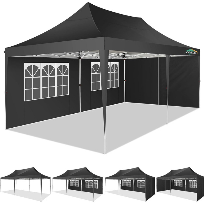 COBIZI Pavilion 3x3 Waterproof, Stable, Winter-Proof Party Tent, Folding Pavilion 3.0, 100% Waterproof and UV 50+ Portable High-End Portability Garden Pavilion (Black, 3x6 with 6 Side Walls)
