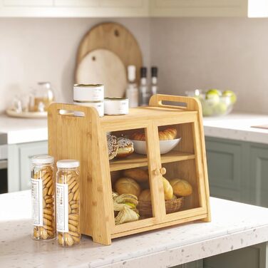 AMBIRD Бак для хліба з бамбука 20л - велика місткість з прозорими акриловими дверцятами, подвійне зберігання з вентиляцією та бічними ручками - зберігає хліб свіжим та організовує кухонний простір, CBBNA002EUAM13