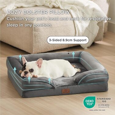 Ортопедичне ліжко для собак BEDSURE - 89x63 см. Зручне ліжко-софа для собак середніх порід з ергономним пінопластом, миється, не слизьке, сірого кольору (71x58x17 см)