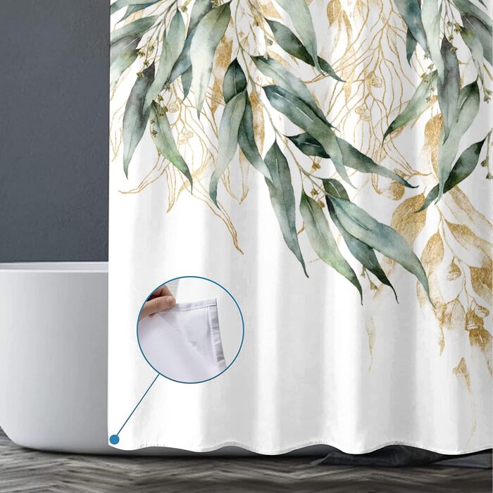 Штора для душу M&W DAS DESIGN з поліестеру, листя зелено-золоті, водонепроникна, з кільцями, 180x200 см