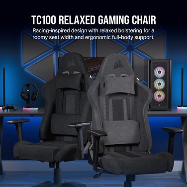 Ігрове крісло Corsair TC100 Relaxed, тканинне, ергономічне, знімна подушка з пам'яттю, регульовані підлокітники, чорний, сталева рама