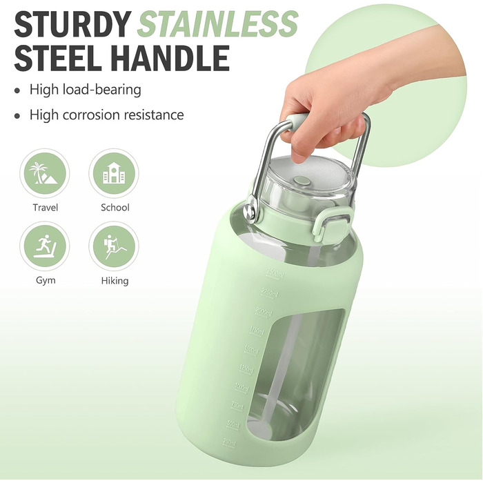 BLUEGO 2500ml Glass Drinking Bottle with Stainless Steel Handle, 2.5L Large Water Bottle with Time Markers and Silicone Sleeve, Half Gallon Water Jug, BPA-Free for Sports, Daily Use, Light Green