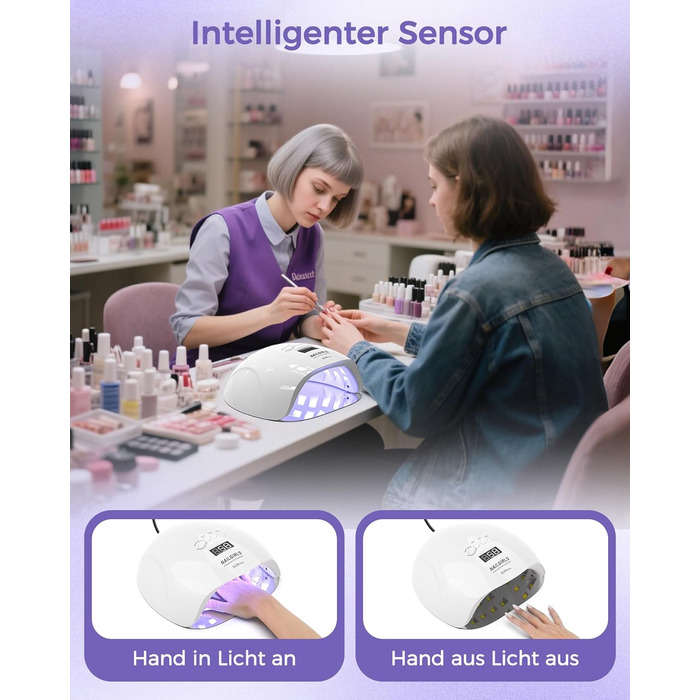 LED UV лампа для нігтів NAILGIRLS 150W з таймером, автосенсором та LCD дисплеєм. Підходить для гель-лаку, пальців та нігтів. Знімний магнітний майданчик.