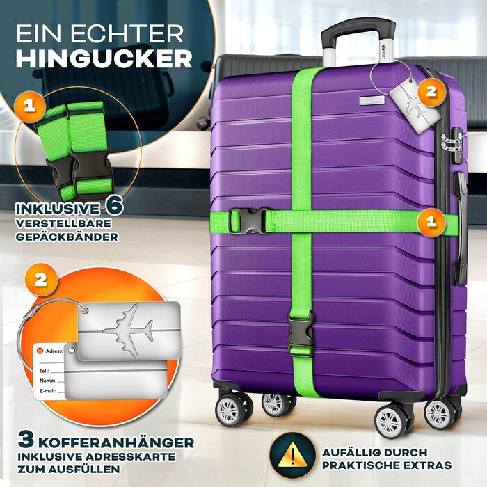 Набір валіз Tillvex® 3 шт. + ваги для багажу, 6 ременів для валіз та 3 багажні жетони | Валізи на 4 колесах | Трівалий валіз з TSA замком | Валізи з твердим корпусом M-L-XL (Ліловий)
