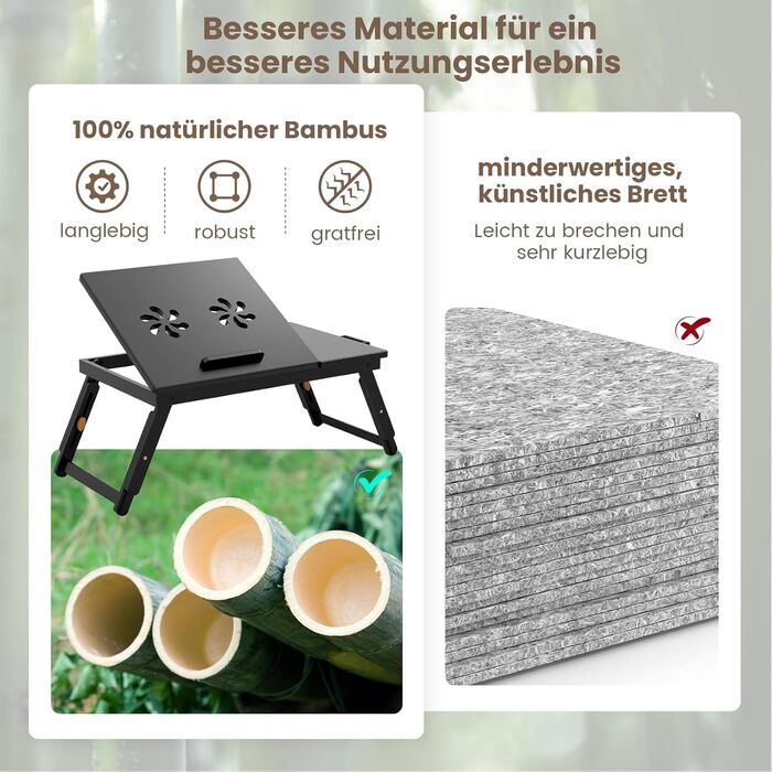 Столик для ноутбука COSTWAY з бамбука, регульований по висоті та куту нахилу, з вентиляцією, з ящиком, складний, для ліжка, читання, сніданку, 53 x 33 x 20-26,5 см (колір: коричневий)