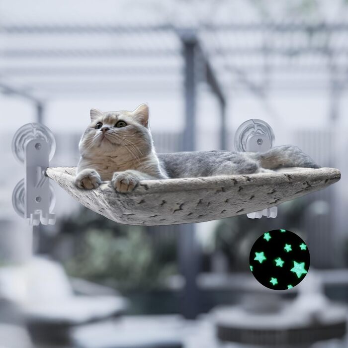 Cat Hammock Bed with Glowing Stars – Freestanding, Soft Cat Bed for Large Cats/Small Dogs, Breathable & Washable, Pet Bed for Indoor/Outdoor Use, Grey (L) (Window Lounger)
