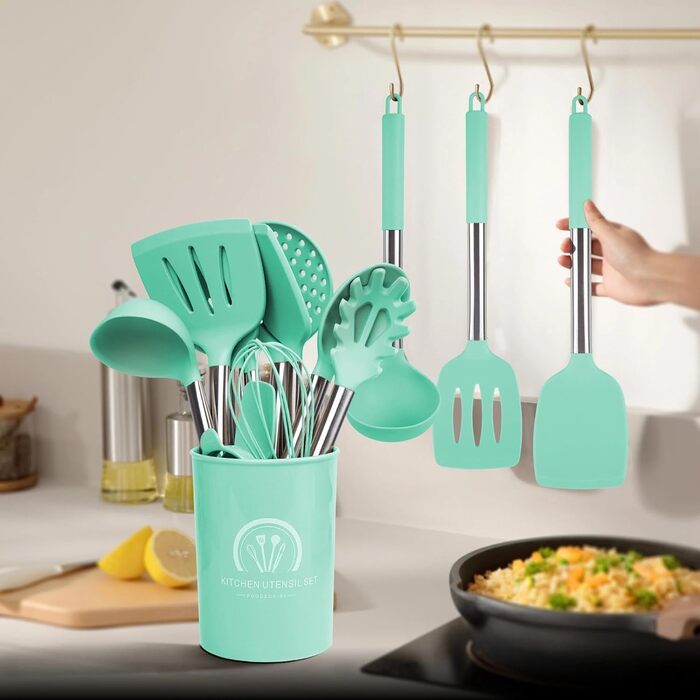Набір кухонних помічників 45 предметів: силіконове кухонне приладдя, тримач, вінчик з нержавіючої сталі, половник, лопатка, придатне для миття в посудомийній машині, колір блакитний