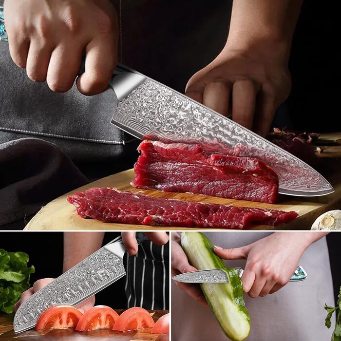 Набір кухонних ножів Damast Santoku 3 шт. з лезом 18 см (VG-10 сталь, ручка Abalone), подарункова коробка