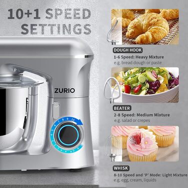 Stand Mixer 1300W Zurio 5.5L Stand Mixer/Kneader 10-Speed Robot Kneader with Quiet Dough Function, with Accessories Dough Hook, Whisk, Kneader Silver