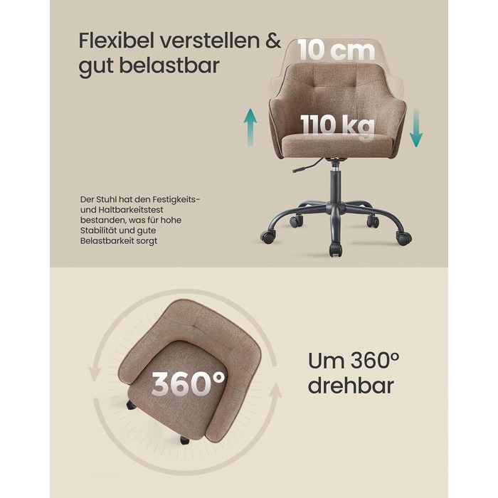 Крісло SONGMICS для офісу, обертове, регульоване по висоті, до 110 кг, дихаючий матеріал, для робочого кабінету/спальні, коричневе, OBG019K01