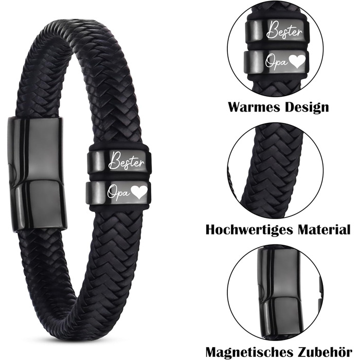 Чоловічий шкіряний браслет – подарунок для чоловіка, тата, дідуся. Ідеальний подарунок на День батька, Різдво, День Святого Валентина (чорний)