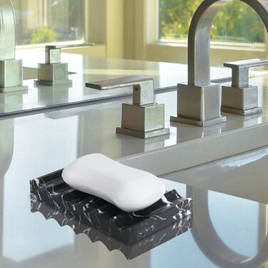 Скляна миска для мила з отвором, мармур, прямокутна, хвиляста, самостійно спорожняється, для ванної кімнати, кухні (чорний/білий)