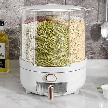 Rotating Food Dispenser – 360 Degree Rotating Dry Food Container, Transparent 6-Compartment Grain Dispenser | Sealed Rice Storage Container with Removable Lid, Storage