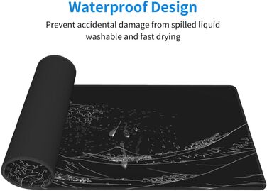 Ігровий килимок для миші Japanisches Gaming-Mauspad, 80 x 30 см, чорний, з гумовою основою, водонепроникний, з прошитими краями, для геймінгу, офісу, дому (Чорна хвиля)