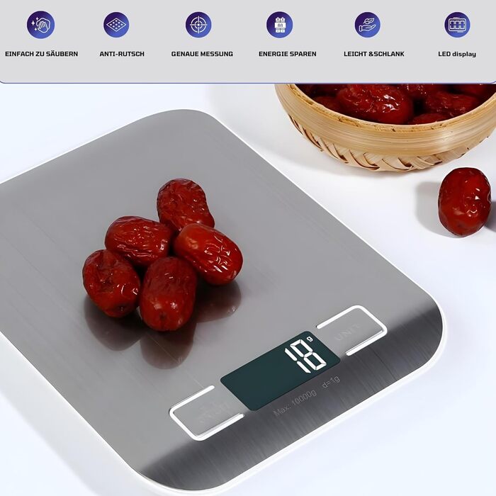 Кухонні ваги DIVID® - професійні цифрове ваги, 0,001 кг - 10 кг, LCD дисплей, функція тарування, ваги для рідини, велика поверхня з нержавіючої сталі