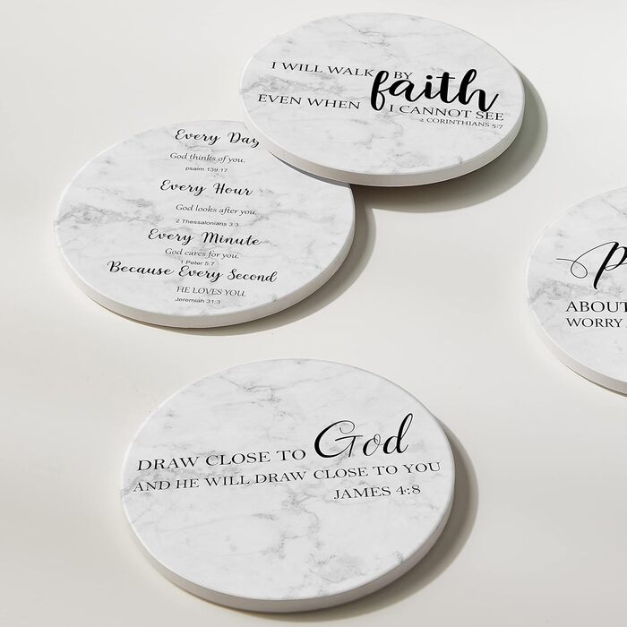 Hoomey Coasters for Drinks with Bible Verses, 6 Pack Absorbent Drink Coasters with Holder Ceramic Coasters with Cork Back for Table Protection, Christian Coasters, Christian (White)
