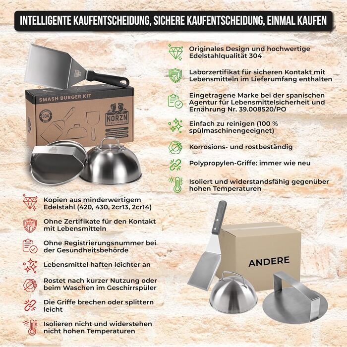 Набір для приготування Smash Burger: прес для гамбургерів, дзвоник та шпатель з нержавіючої сталі 304. Гарантія 10 років. Для контакту з харчовими продуктами.