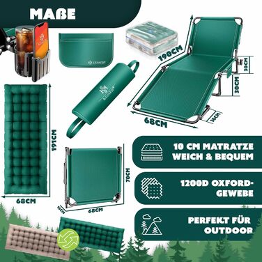 Ліжко похідне KESSER® складане з преміум-подушкою 190x68x30 см, до 250 кг, зелено-бежеве. З кишенею, підсклянником, для кемпінгу, гостей, в приміщенні/на вулиці