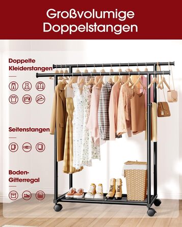 Стійка для одягу на колесах з подвійною перекладиною та сітчастим дном, 98 x 42 x 150 см, Чорний