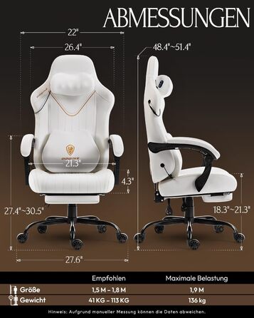 Ігровий крісло Dowinx з масажем, ергономічний дизайн, підтримка попереку та шиї, до 135 кг, шкіра, для дорослих (білий)