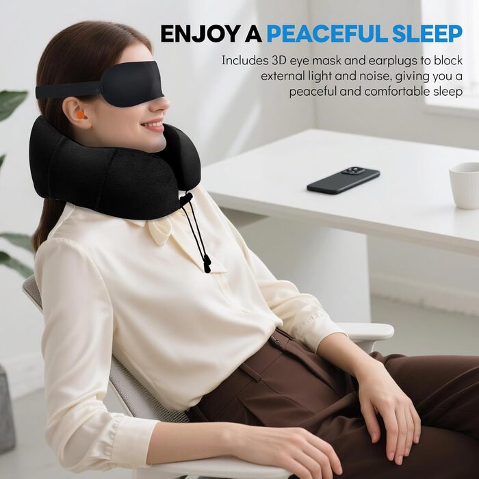 Подушка для шиї у літак - туристична подушка з memory foam, ергономічна форма - з маскою для сну, навушниками, сумкою - ідеальна для подорожей, офісу, дому (Чорний)
