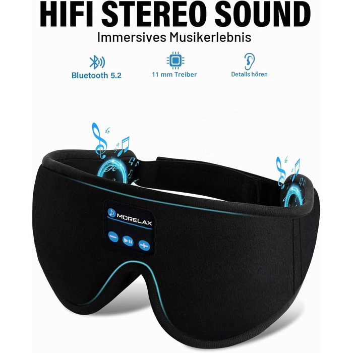 Маска для сну з Bluetooth навушниками 3D, бездротова маска для очей для комфортного сну на боці/спині, чорні навушники для сну