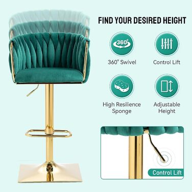 Emerald Velvet Bar Stools 2-Pack - Adjustable Swivel Kitchen Barstools with Backrest for Kitchen & Home Bar