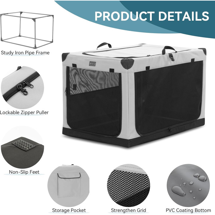 Транспортна переноска для собак Petsfit, XL, сіра - складана, для подорожей та авто, підходить для малих собак та котів