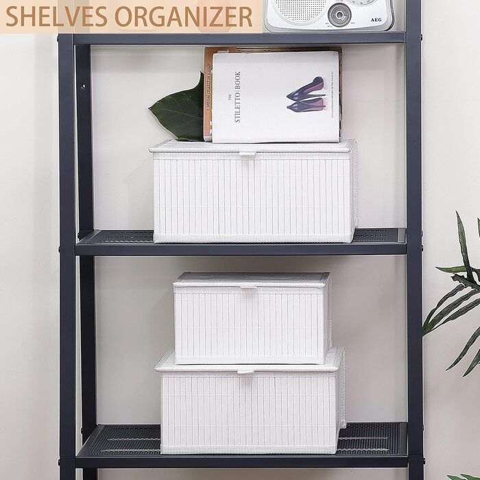 Honeycomb Storage Basket with Lid, Woven - Bamboo Decor Storage Boxes, Set of 3 Rattan Basket with Lid Woven Fabric Insert for Bathroom Kitchen Shelf Organization (Large/Medium/Small) (White)