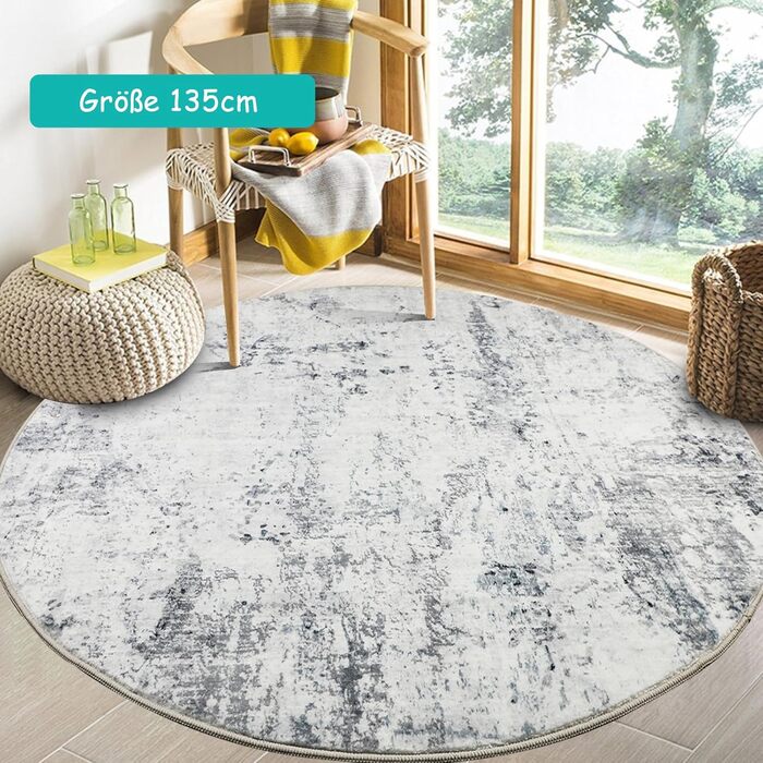 Capslpad Gray Abstract Rug Round ø135cm Washable Rug Living Room Modern Chic Non-Slip Rug Short Pile Soft Artificial Wool Modern Bedroom Rug for Living Room Dining Room Office Decor Gray 135x135cm
