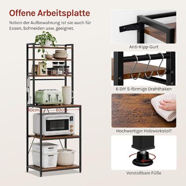 Стелаж кухонний Woltu з 6 полицями, з гачками, з металу та інженерної деревини, 60 x 167 x 40 см, рустичний коричнево-чорний