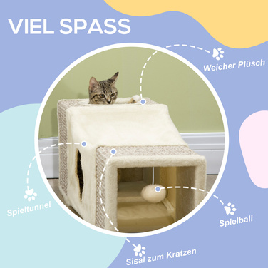 PawHut Cat Tunnel with Play Ball, Cat Toy, Sisal Play Tunnel, Brown+Beige, 98x30x30 cm | Aosom