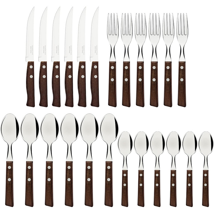 Tramontina TRADICIONAL Cutlery Set for 6 Persons, 24-Piece, Steak Cutlery, Serrated Steak Knives, Dinner Forks, Dinner Spoons, Coffee Spoons, Natural Wood Handles