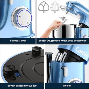 Stand Mixer Dough Mixer Camic 1500W 8L Stand Mixer Mixing Appliance Multifunction Mixer Quiet, Powerful, and Professional, 6 Speeds with Pulse, Stainless Steel Bowl (Black)
