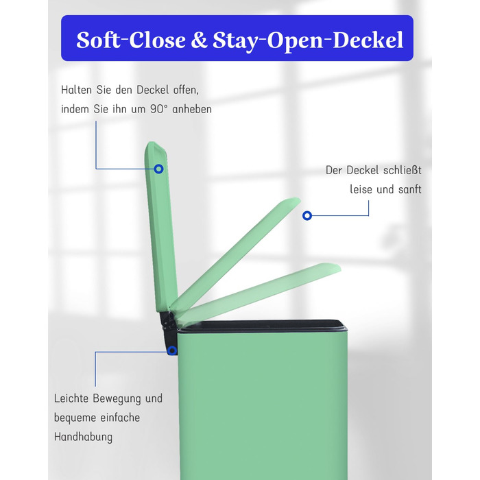 Відро для сміття кухонне 30л, нержавіюча сталь, з кришкою, внутрішній відерцем, прямокутне, зелене