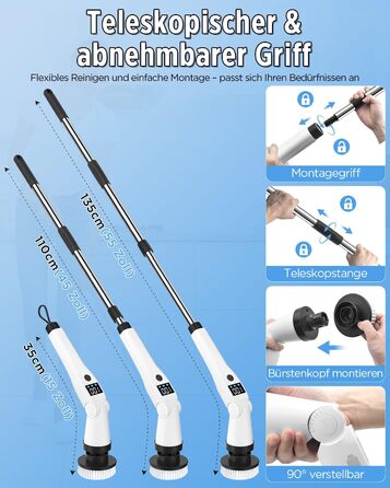 Електрична щітка для прибирання з 8 насадок, 3 швидкості, IP65 водостійка, регульована ручка, акумуляторна щітка для ванної, кухні, плитки, душу та кутів (біла)