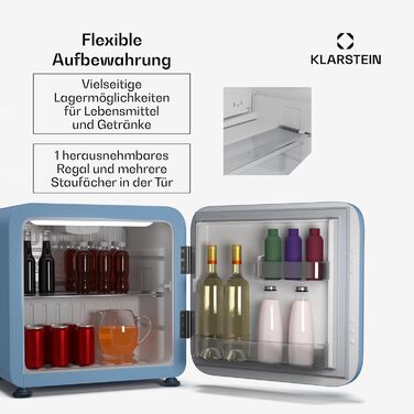 Klarstein Mini Fridge with Freezer Compartment - 32L Compact Refrigerator for Drinks & Cosmetics, Retro Mini Bar, Quiet Small Fridge, Skincare Cooler for Room (43L, Energy Class E, Blue)