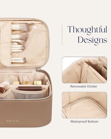 Велика косметичка для жінок, дорожня туалетна сумочка з водонепроникної шкіри, велика косметичка або сумочка для макіяжу з ручкою та знімним роздільником (коричнева)