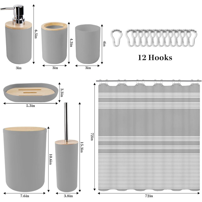 Набір аксесуарів для ванної кімнати Britimes, сірий: душова завіса, відро, дозатор мила, тримач для туалетного йоржика, тримач для зубних щіток та стаканчик для зубних щіток