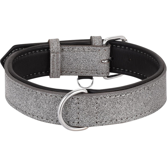 Riparo Genuine Leather Adjustable Dog Collar with Additional Reinforcement (: 4.5CM Wide for 53.4CM - 63.5CM Neck, ) (XL, Grey/White Thread)