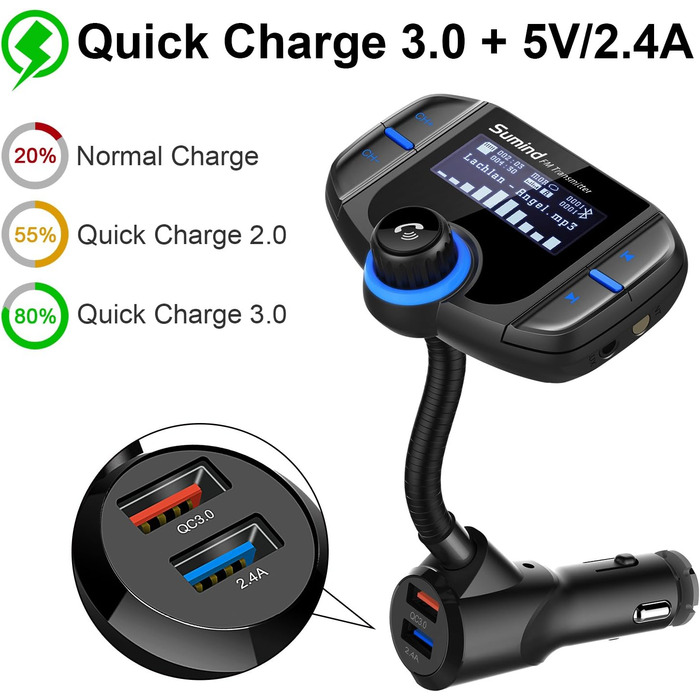 Bluetooth FM трансмітер з дисплеєм 1,7 дюйма та двома USB-портами, чорний