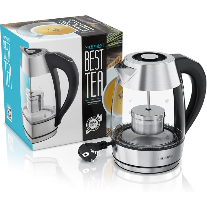 Електричний чайник Arendo зі скляною колбою, регулюванням температури, нержавіючою сталлю, LED-підсвічуванням, 2200 Вт, 1.8 л, 2 кришки (з та без сита для чаю), фільтр від накипу, функція підтримки тепла