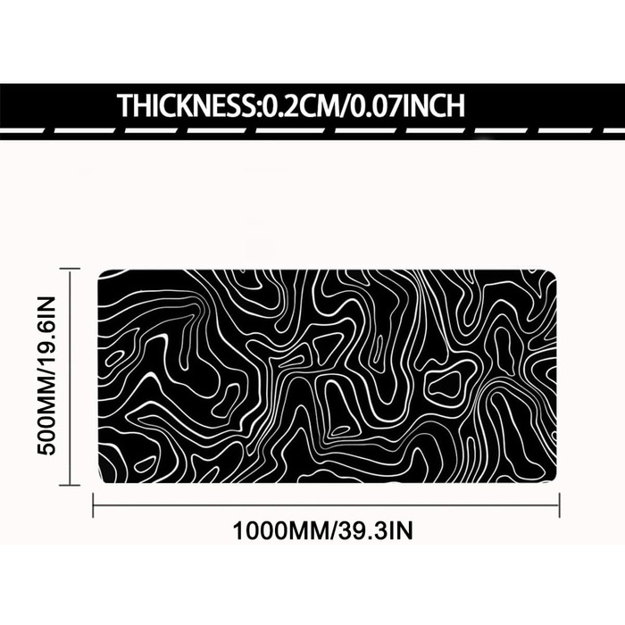 Великий килимок для столу 800x400 мм - ігровий килимок для миші з прошитими краями, неслизька підкладка, килимок для клавіатури та миші Black & White Abstraction (Топографічна лінія)