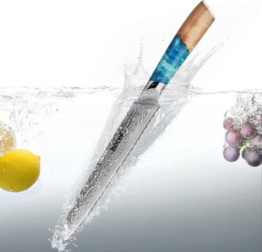 Японський ніж з дамаської сталі Hecef, 20 см, професійний кухонний ніж з ергономічною ручкою з смоли, 67 шарів, з захистом для ножа, подарунок для шеф-кухаря та любителів кулінарії