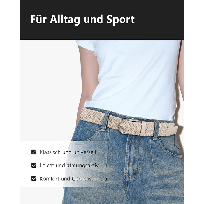 YOUCHAN 2 шт. ремені для жінок та чоловіків, еластичні плетені ремені, 3,3 см, еластичні ремені з регульованою довжиною, унісекс, чорний + бежевий