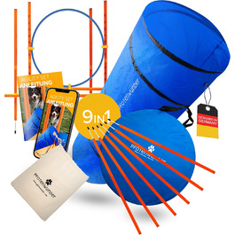 Набір для аджиліті для собак PfotenWunder® '9-in-1: 6 шлагбаумів, тунель, кільце, 1 перешкода. Для великих і малих собак. Тренування, спорт, ігри. Комплектація M-Set: шлагбаум, перешкода, кільце, тунель.