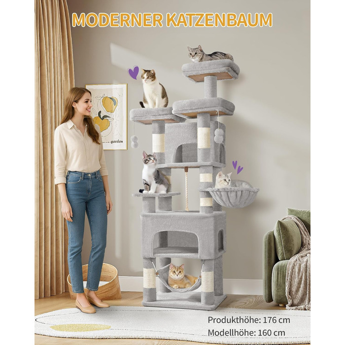 Кігтеточка для котів Hzuaneri, 176 см, XL, 3 платформи, 2 печери, 7 стовпчиків, гамак, плюшеві кульки, для багатокотових домівок, MS17618SG (Світло-сірий)